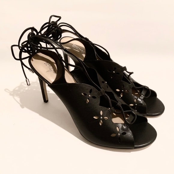 MICHAEL KORS THALIA BLACK LEATHER LACE UP SANDALS STILETTO HEELS SHOES PUMPS 9.5 - Picture 8 of 11